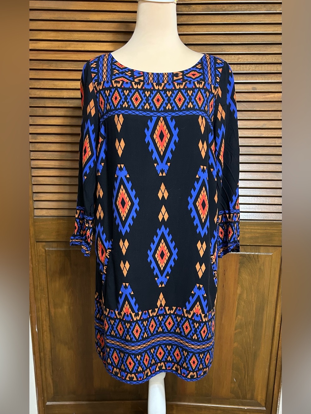 Lucky Brand Black Aztec- Geometric Print Shift Tunic Lined Dress Size S